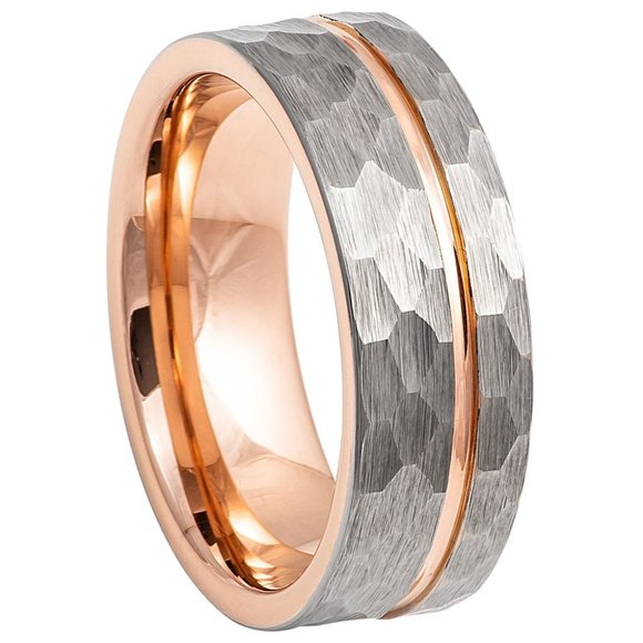 Rose Gold 8mm Tungsten Wedding Band hammer cut - Picture 2 of 15